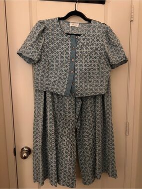 Unbranded Blue Geo Print Two-Piece Set - Button Front Top & Skirt